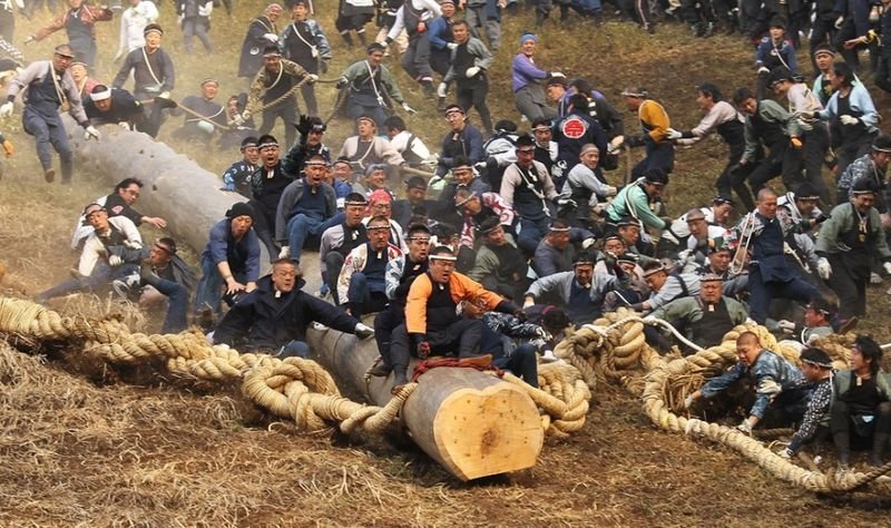 Ki-otoshi ceremony, Onbashira festival, Nagano, Japan