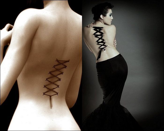 girl with a corset piercing and extreme body modifications