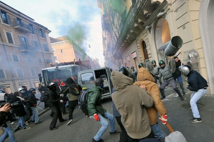 Protesters clashes against Silvio Berlusconi, Rome, Italy