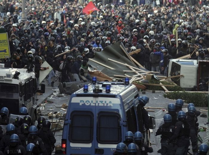 Protesters clashes against Silvio Berlusconi, Rome, Italy