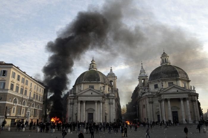 Protesters clashes against Silvio Berlusconi, Rome, Italy