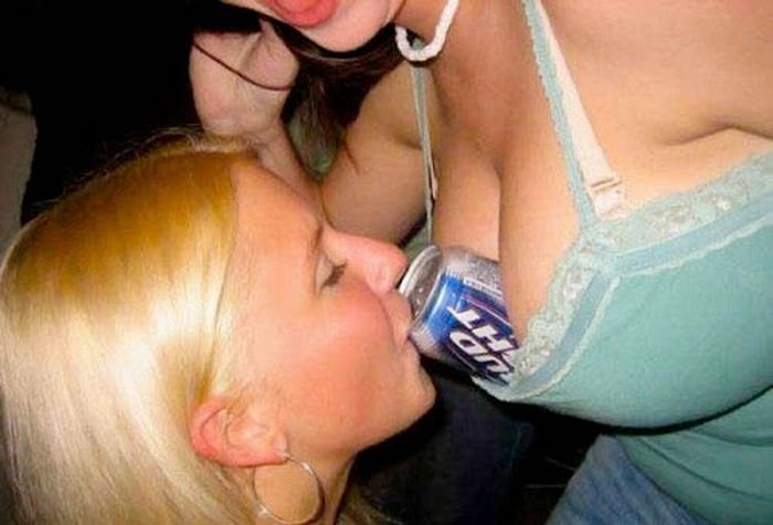 girls drinking from breasts cleavage