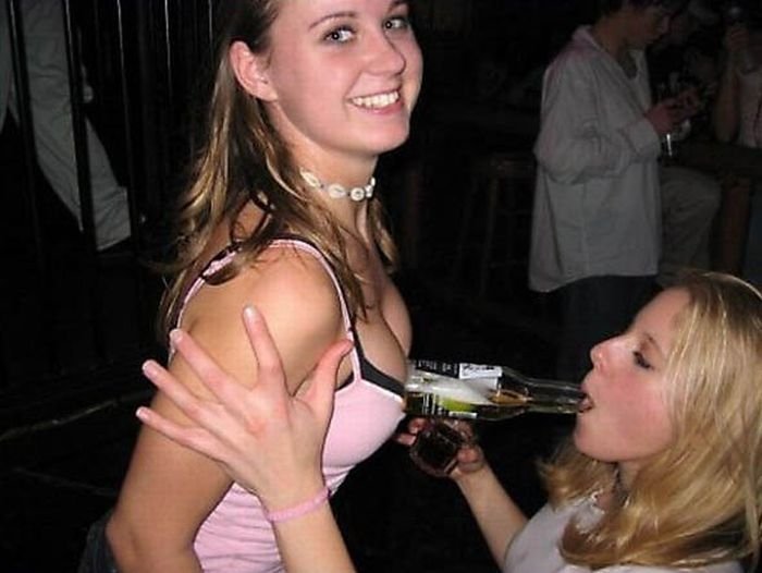 girls drinking from breasts cleavage