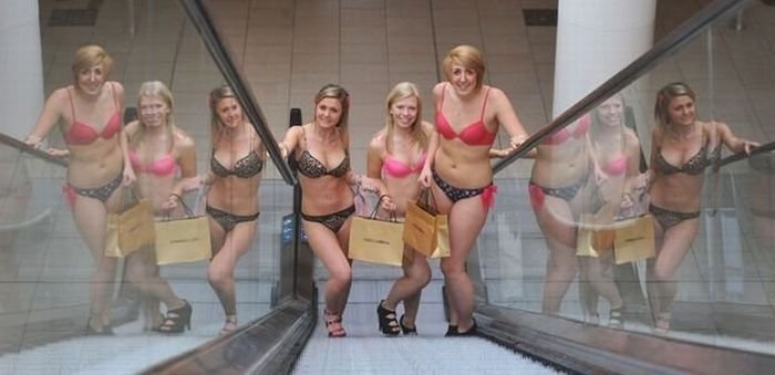 100 girls in underwear at Lakeside Shopping Centre, Essex, England, United Kingdom