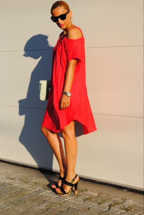 girl wearing a red dress