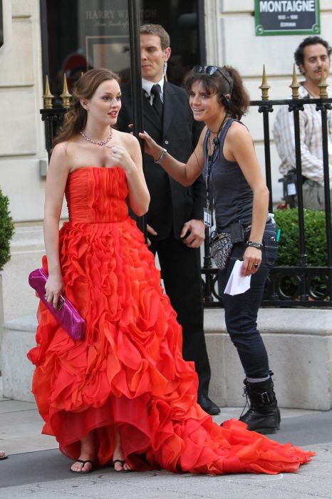 girl wearing a red dress