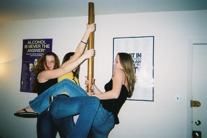 young teen college girls performing a pole dancing solo