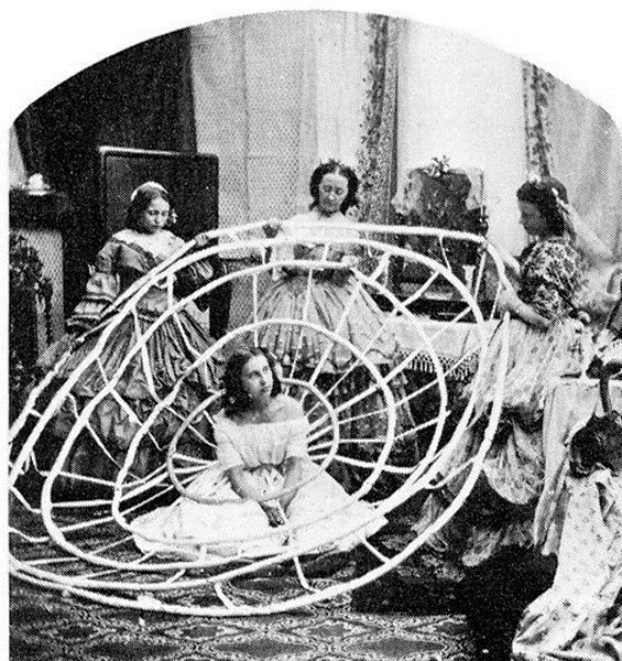 History: Woman's dress hoopskirt in style of 1860's