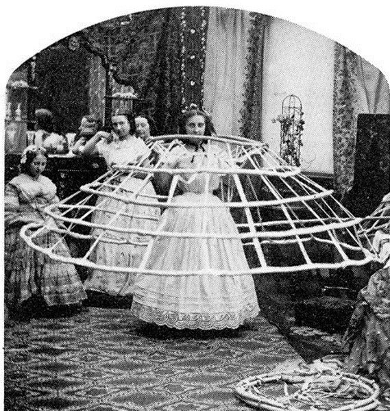 History: Woman's dress hoopskirt in style of 1860's