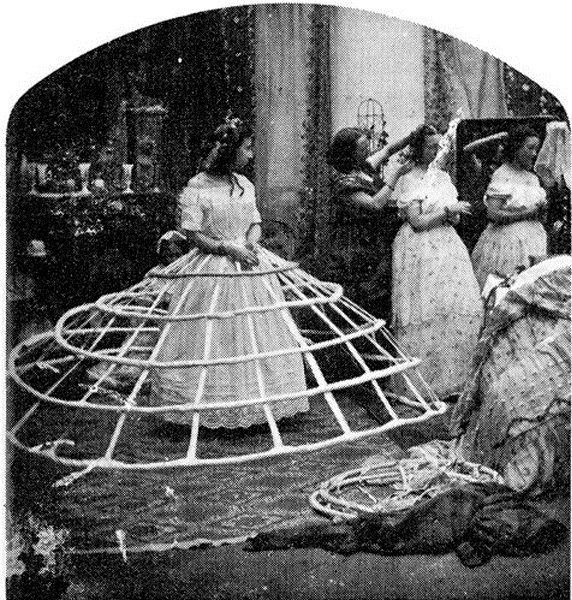 History: Woman's dress hoopskirt in style of 1860's