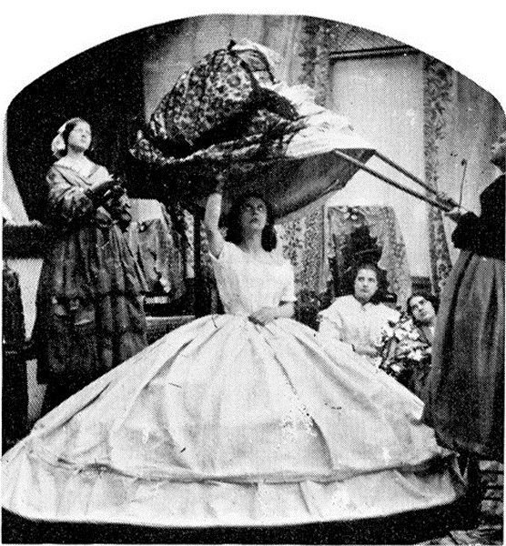 History: Woman's dress hoopskirt in style of 1860's