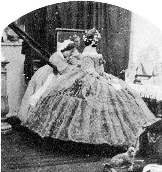History: Woman's dress hoopskirt in style of 1860's