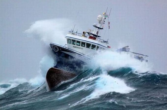 fishing ship in the middle of a storm