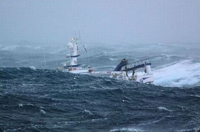 fishing ship in the middle of a storm