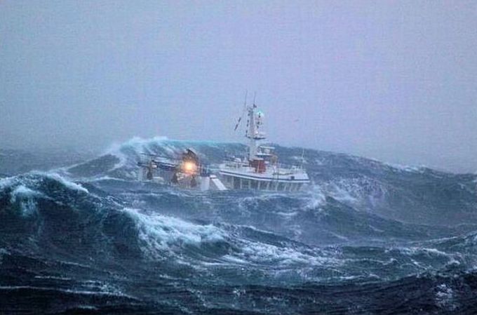 fishing ship in the middle of a storm