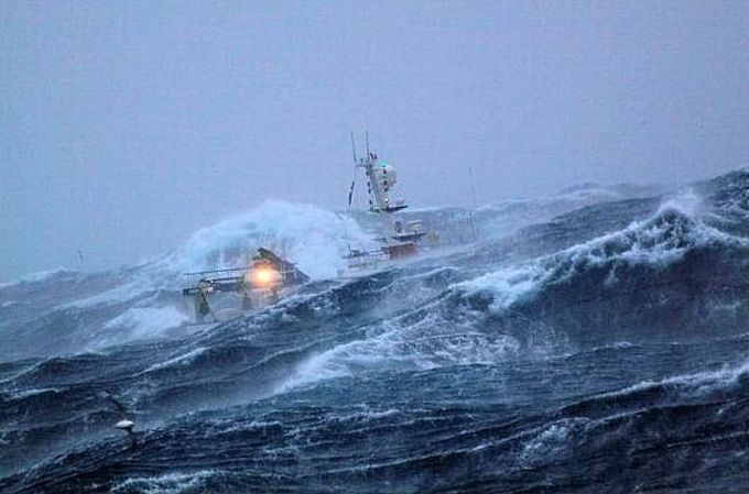 fishing ship in the middle of a storm