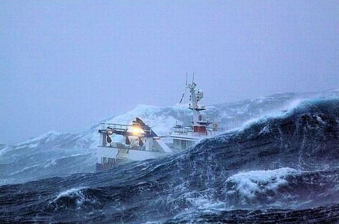 fishing ship in the middle of a storm