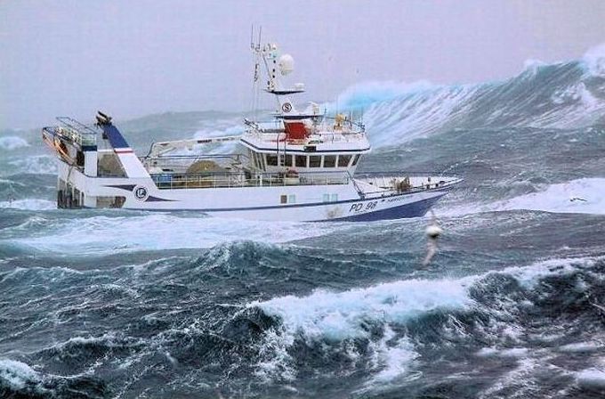 fishing ship in the middle of a storm