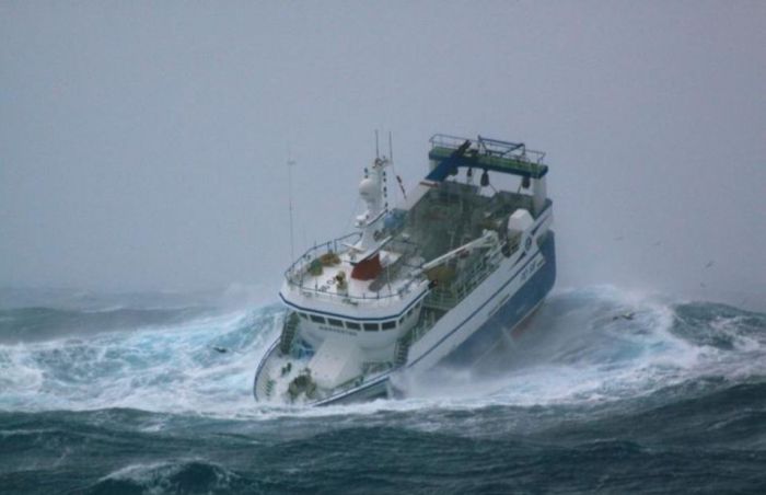 Fishing vessel in the rough waves, North Sea