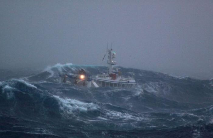 Fishing vessel in the rough waves, North Sea