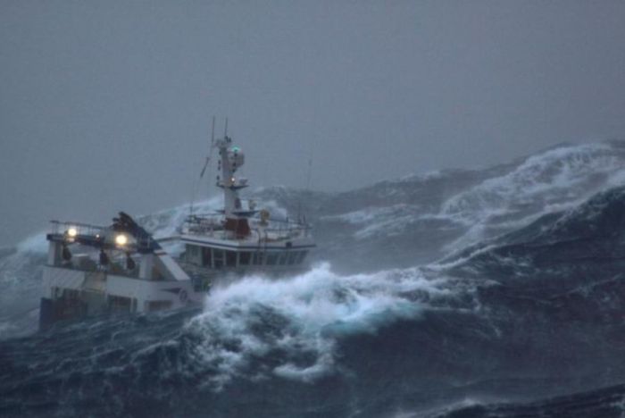 Fishing vessel in the rough waves, North Sea