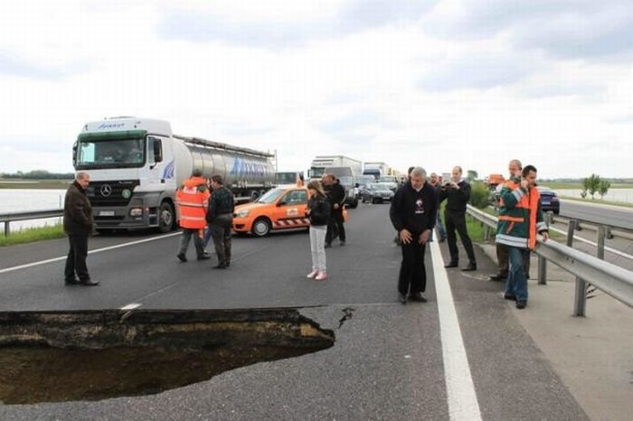 Rainwater sinkhole on highway, Hungary